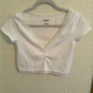 Ribbed, lace v neck, crop top